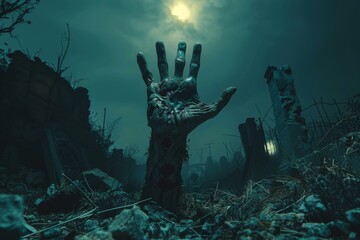 Fototapeta premium Hand emerging from grave in forest