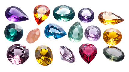 Different beautiful bright gemstones isolated on transparent background