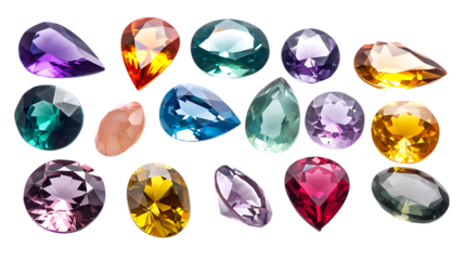 Different beautiful bright gemstones isolated on transparent background