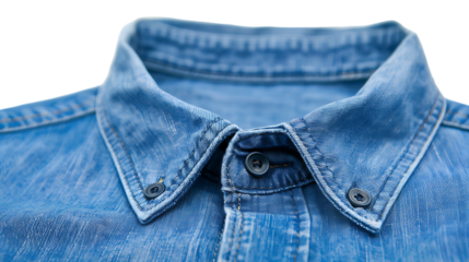 Detail of collar of blue shirt isolated on transparent background