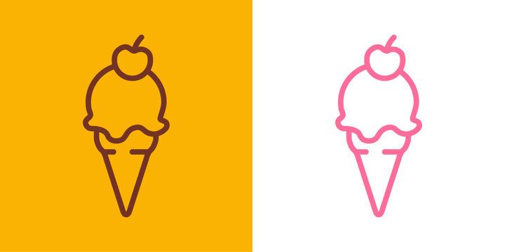 Logo ice cream. Silueta con l&iacute;neas de helados con bola en cono de waffle sabores fresa y chocolate con cereza