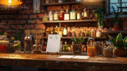 Obraz premium Mixology Magic Craft Cocktail Creation with Infusion Jars Exotic Spices and Business Cards