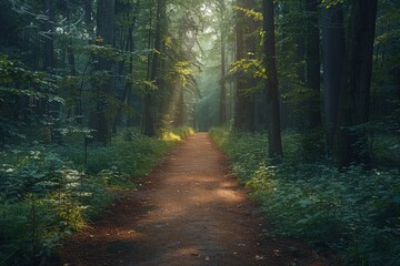 Obraz premium The sun is shining through the trees along a path in the forest