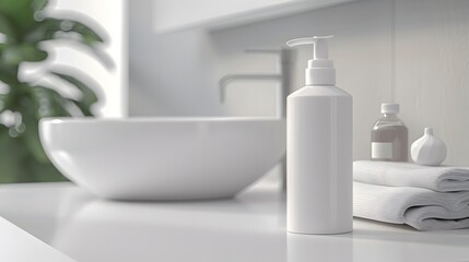 Fototapeta premium Blank Label Lotion Pump: A modern lotion pump bottle with no in bathroom setting.