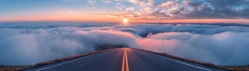 Fototapeta premium Mystical morning drive on a mountain road soaring above clouds under the first light of dawn, a metaphor for exploration and discovery