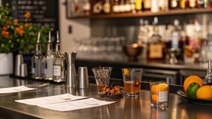 Mixology Mastery A Stylish Craft Cocktail Lab with Business Cards Experimental Ingredients and Bar Setup Professional Bartending and Mixology Training Concept
