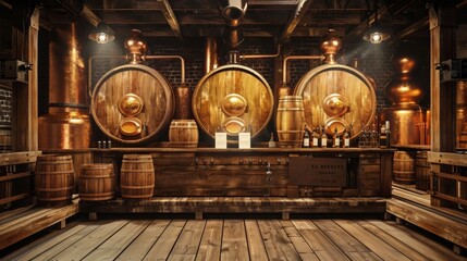 Artisanal Elegance Business Cards Await on Aged Oak Barrels in Distillery Haven