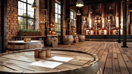Fototapeta premium Artisanal Elegance Business Cards Await on Aged Oak Barrels in Distillery Haven