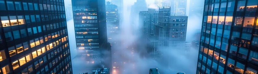 Surreal blue mist gently drifting over city buildings, evoking a sense of calm and otherworldly beauty in an urban setting