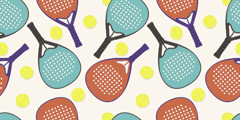 Padel tennis. Padel rackets and tennis balls. Vector seamless pattern