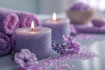 Purple towels, candles, lavender flowers on table