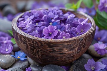 Purple flowers, water-filled bowl, rocks bed