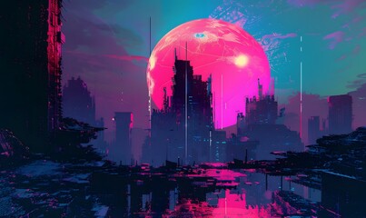 View of an abandoned city with skyscrapers after the apocalypse with a huge sun on a background in the style of glitch art