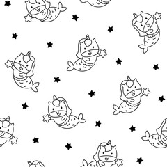 Cute kawaii unicorn mermaid. Seamless pattern. Coloring Page. Fantasy cartoon characters. Hand drawn style. Vector drawing. Design ornaments.