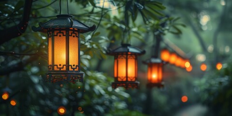Picture a row of lanterns suspended from trees in a forest