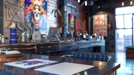 Vibrant Tattoo Parlor Artistic Workspace Business Cards and Portfolio Display