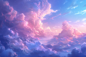 Illustration of a dreamy, pastel-colored sky with beautiful clouds, suitable for use in creative projects, nature-themed designs, or for conveying a sense of peace and tranquility.