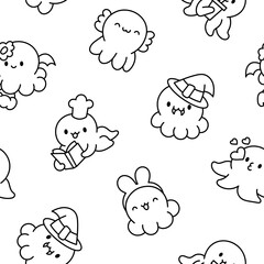 Cute kawaii happy octopus. Seamless pattern. Coloring Page. Cartoon underwater animals characters. Hand drawn style. Vector drawing. Design ornaments.