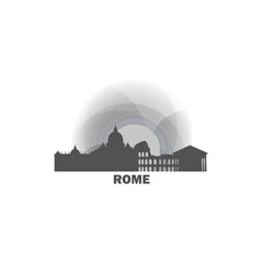 Rome skyline, downtown panorama logo, logotype. Italy capital city badge contour, isolated vector pictogram with cathedral, monuments, landmarks, skyscraper at sunrise, sunset