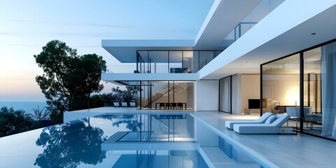 Fototapeta premium Luxurious modern villa with infinity pool sunset reflection and photorealistic architecture. Concept Luxury Home Design, Infinity Pool, Sunset Reflection, Photorealistic Architecture, Modern Villa