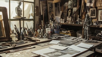 Artisan's Haven Custom Action Figure Workshop with Sculpting Tools Paints and Detailed Figurines Creative Business Card Design