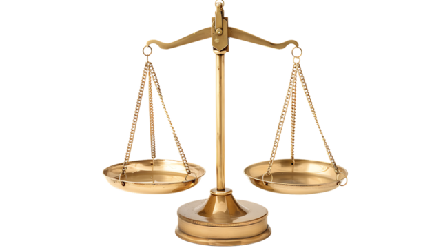 Gold brass balance scale isolated on transparent background