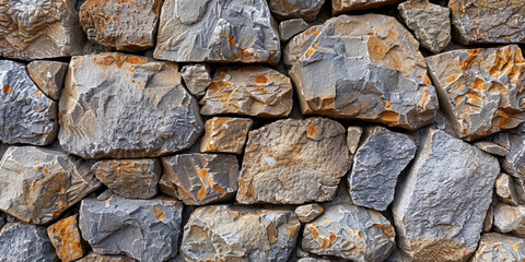 Fototapeta premium Textured stone wall with rough, weathered rocks, showcasing a rugged and natural appearance, perfect for backgrounds, architectural designs, and outdoor scenes..