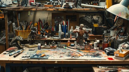 Artisan's Haven Custom Action Figure Workshop with Sculpting Tools Paints and Detailed Figurines Creative Business Card Design