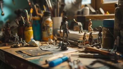 Artisan's Haven Custom Action Figure Workshop with Sculpting Tools Paints and Detailed Figurines Creative Business Card Design