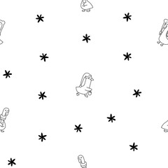 Funny farm duck characters. Seamless pattern. Coloring Page. Cute cartoon kawaii goose. Hand drawn style. Vector drawing. Design ornaments.