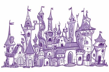 Cartoon cute doodles of a fantasy castle with intricate turrets and winding staircases, Generative AI