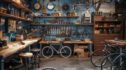 Artisanal Bicycle Workshop Custom Bike Frames Wheels and Bespoke Accessories on Tool Bench with Blank Business Cards Craft Your Perfect Ride