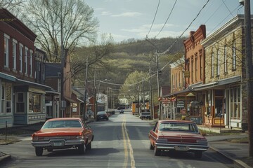 Obraz premium Two old cars are parked on the side of the road in a small town