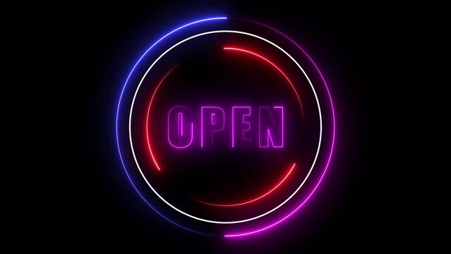 Neon open sign animation on black background. Open sign with neon circle animation.