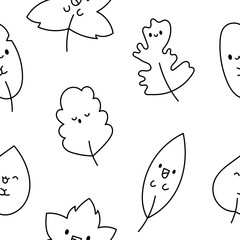 Funny kawaii leaf cartoon character. Seamless pattern. Coloring Page. Cute nature plant. Hand drawn style. Vector drawing. Design ornaments.