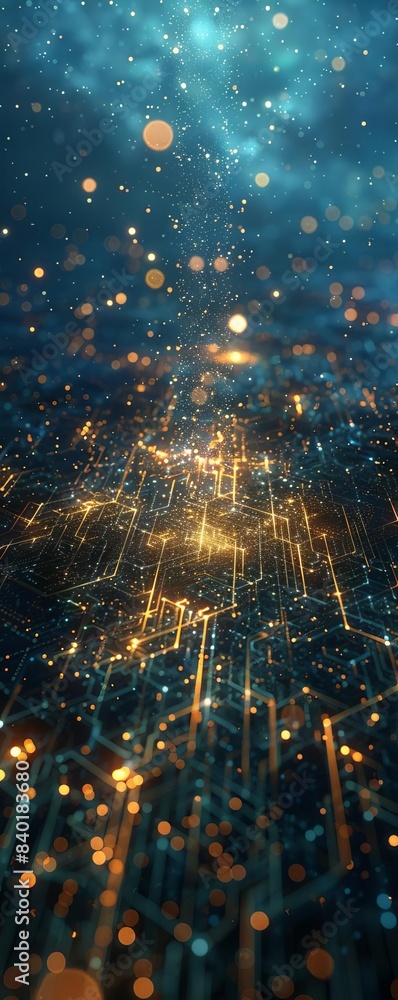 Poster abstract digital technology background with glowing particles and data streams, representing futuris