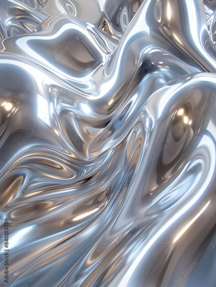 Poster abstract silver metallic fluid surface with reflective, wavy patterns creating an artistic and futur