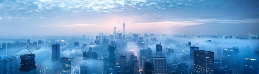 Fototapeta premium Ethereal cityscape enveloped in a soft blue mist, creating a dreamy and surreal urban atmosphere