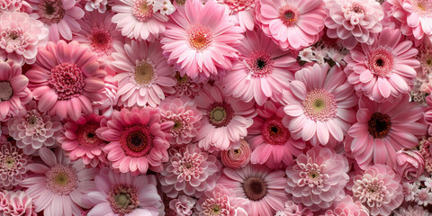 Pink flowers in a vibrant floral arrangement, showcasing a variety of blossoms in different shades of pink, perfect for creating a cheerful and romantic atmosphere..