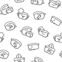 Funny kawaii sushi with cute faces. Seamless pattern. Coloring Page. Japanese traditional cuisine dishes characters. Hand drawn style. Vector drawing. Design ornaments.