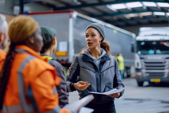 Female instructor guiding new truck drivers in safety procedures - Powered by Adobe