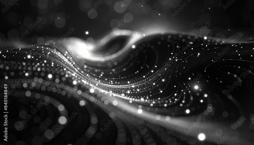 Poster stunning black and white abstract background with glowing particles and wavy lines, creating a futur