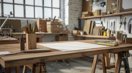 Artisanal Woodworking Custom Furniture Maker's Workshop with Handcrafted Tables Tools and Sketches Creative Workspace for Business Cards and Design Inspiration