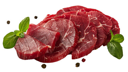 Fresh marbled beef tenderloin on a black background with basil leaves and spices.