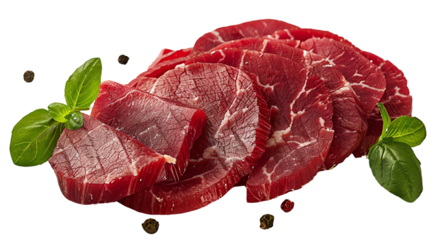 Fresh marbled beef tenderloin on a black background with basil leaves and spices.