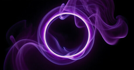Glowing neon purple ring amidst wispy purple smoke on black, ideal for mystical, futuristic, or spiritual themes.