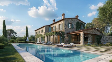 Luxury stone classic updated villa with swimming pool and garden, generative ai