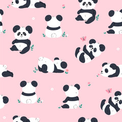 Seamless pattern with cute kawaii pandas on a pink background. Vector graphics.