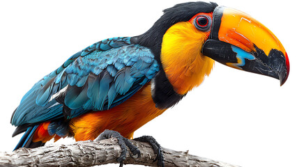 Fototapeta premium A brightly colored bird with a large beak sits on a branch. The bird has blue, yellow, orange, and black feathers.