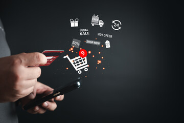 Online shopping or e-shopping concept. Consumer society. Business people using smartphones with...